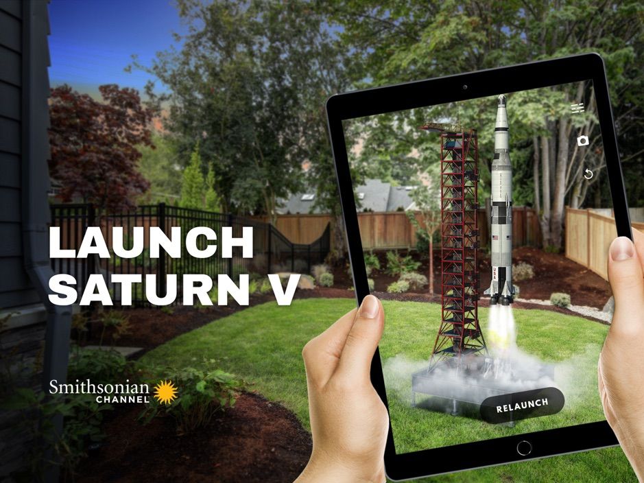 Screenshot of Apollo Rocket launch app from Smithsonian in a simulated backyard